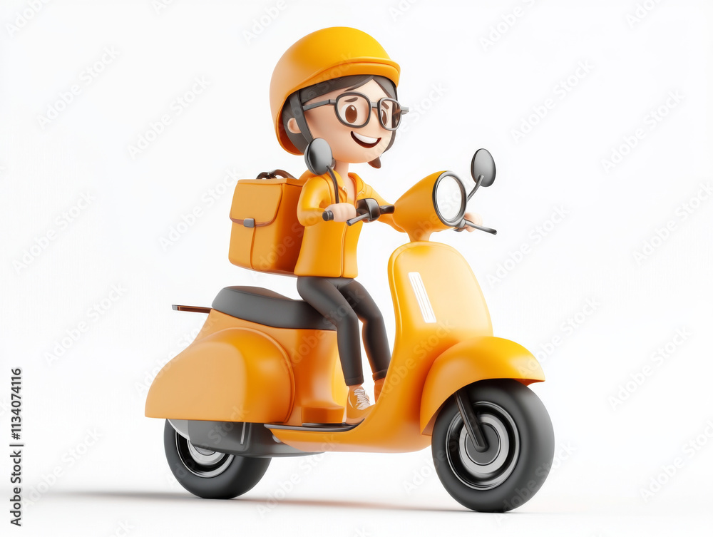 cheerful delivery person rides orange scooter, wearing matching helmet and outfit, ready to deliver packages with smile cheerful delivery person rides orange scooter, wearing matching helmet and outfit, ready to deliver packages with smile