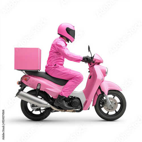 delivery rider in pink outfit rides pink scooter, showcasing vibrant and modern delivery service. scene captures essence of urban logistics and style