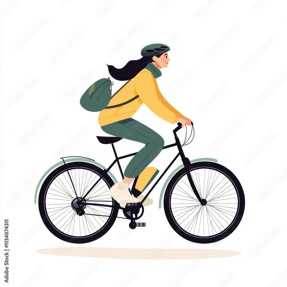 Obraz premium woman riding bicycle, wearing helmet and backpack, in casual outfit. scene conveys sense of freedom and adventure