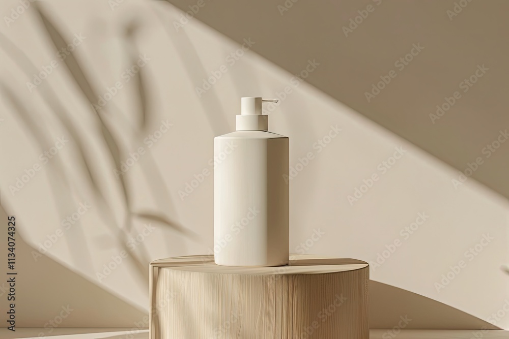 Shampoo Bottle on White Cylinder Podium with Beautiful Lighting and Shadow Shampoo Bottle on White Cylinder Podium with Beautiful Lighting and Shadow