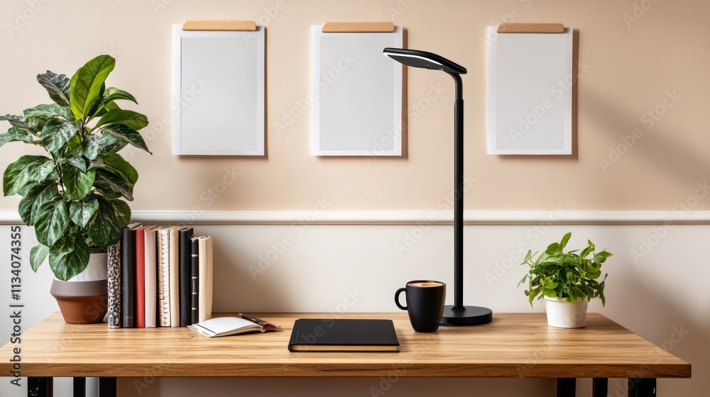 Fototapeta premium Real photo of wooden desk with fresh plant black lamp coffee cup and books standing on half-wall with simple posters