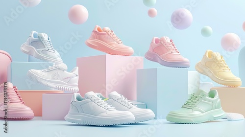 Collection of pastel sneakers on stylish geometric pedestals in a clean, modern display.
