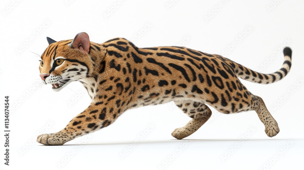 Full-body image of an ocelot prowling on a white background. Full-body image of an ocelot prowling on a white background.