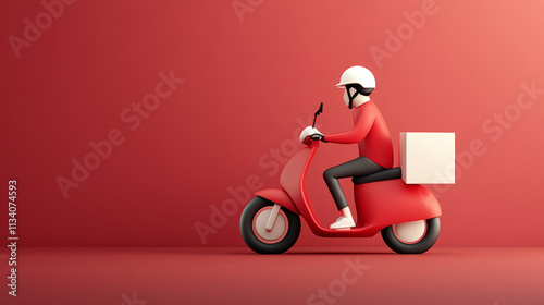 delivery person riding red scooter against solid red background, showcasing modern and minimalistic design. scene conveys efficiency and speed in delivery services