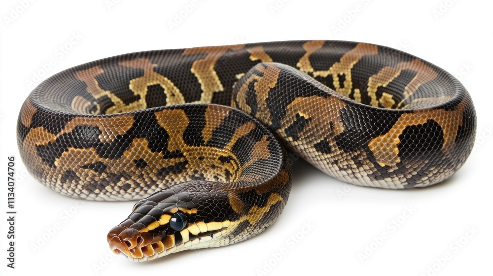 Full-body image of a ball python coiled on a white background. Full-body image of a ball python coiled on a white background.