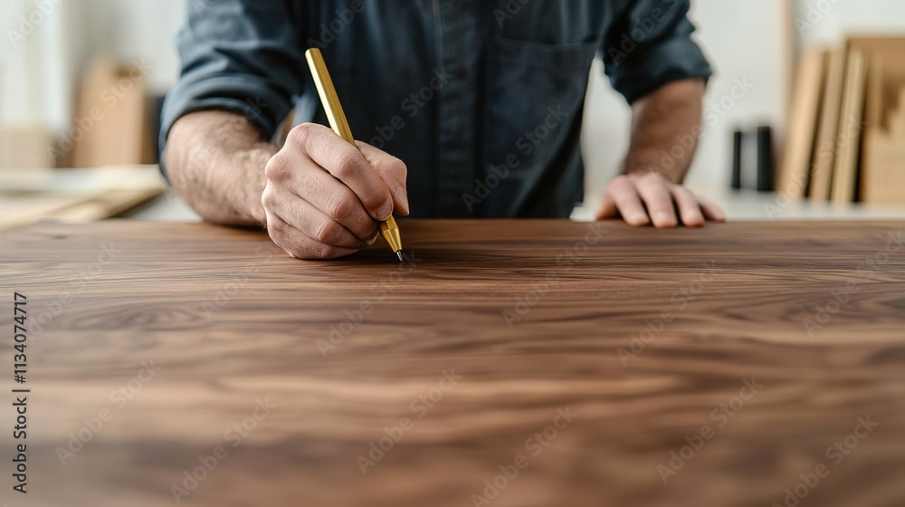 A person is sketching on a wooden surface, showcasing craftsmanship and attention to detail in a workshop environment. A person is sketching on a wooden surface, showcasing craftsmanship and attention to detail in a workshop environment.