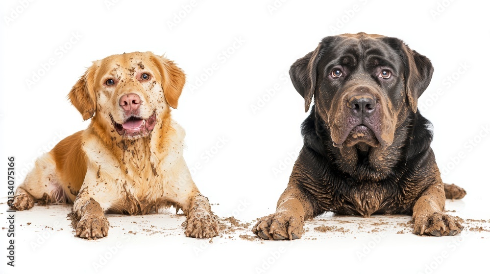 FUNNY DIRTY MIXEDBRED GOLDEN OR LABRADOR RETRIEVER AND MASTIFF DOG AFTER PLAY IN A MUD PUDDLE MAKING GUILTY FACE ISOLATED AGAINST WHITE BACKGROUND STUDIO SHOT WITH COPY SPACE FUNNY DIRTY MIXEDBRED GOLDEN OR LABRADOR RETRIEVER AND MASTIFF DOG AFTER PLAY IN A MUD PUDDLE MAKING GUILTY FACE ISOLATED AGAINST WHITE BACKGROUND STUDIO SHOT WITH COPY SPACE
