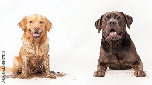 FUNNY DIRTY MIXEDBRED GOLDEN OR LABRADOR RETRIEVER AND MASTIFF DOG AFTER PLAY IN A MUD PUDDLE MAKING GUILTY FACE ISOLATED AGAINST WHITE BACKGROUND STUDIO SHOT WITH COPY SPACE photo