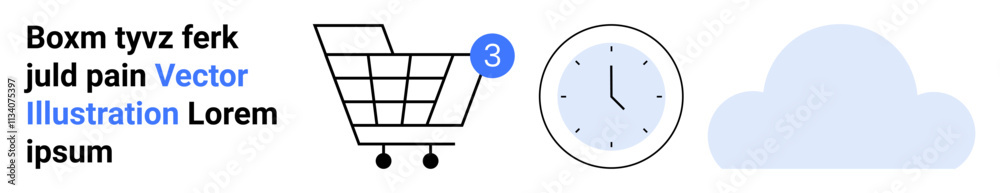 Shopping cart with notification badge, analog clock, and cloud. Ideal for e-commerce, punctuality, scheduling, weather, time management, minimalism, online shopping. Landing page Shopping cart with notification badge, analog clock, and cloud. Ideal for e-commerce, punctuality, scheduling, weather, time management, minimalism, online shopping. Landing page