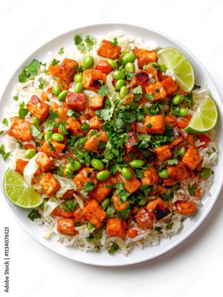 A vibrant dish of diced sweet potatoes, edamame, and herbs served over rice with lime. A vibrant dish of diced sweet potatoes, edamame, and herbs served over rice with lime.