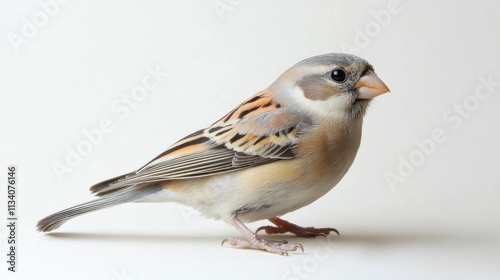 Full-body image of a finch perched with delicate feathers on a white background.