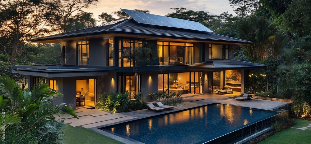 Modern house with a pool surrounded by lush greenery at sunset.