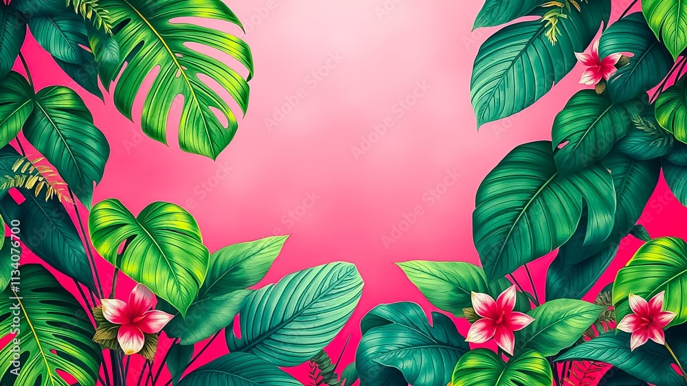 Fototapeta premium Vibrant Pink Background Framed by Lush Tropical Foliage and Delicate Flowers
