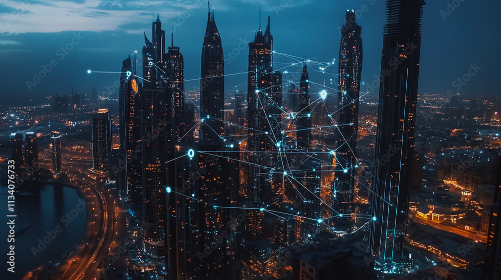 Fototapeta premium Smart digital Innovation city with connection network reciprocity over the cityscape. of future smart wireless digital city and social media networking systems that connects people with in city