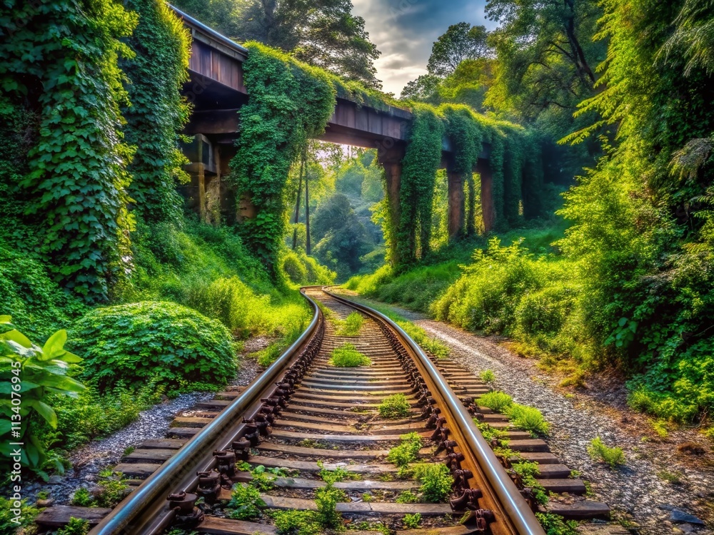 Fototapeta premium Southern Freight Tracks, Kudzu Overpass, AI Art, Railroad, Deep South, Landscape, Curving Tracks, Remnants, Overpass, Nature, Growth, Scenery, Photography, Vibrant Colors, Bright,