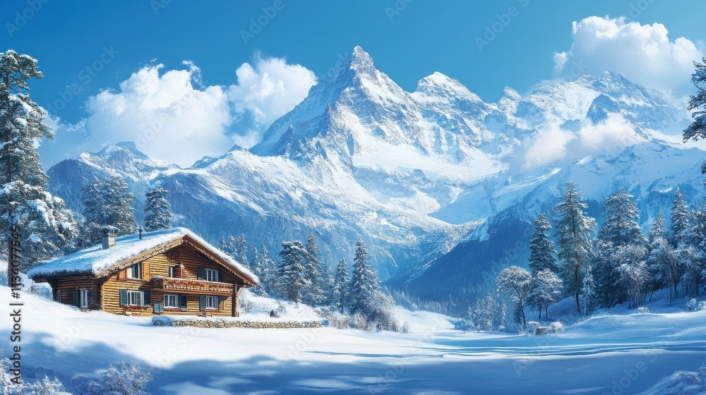 Swiss chalet with snowy mountain backdrop. Swiss chalet with snowy mountain backdrop.