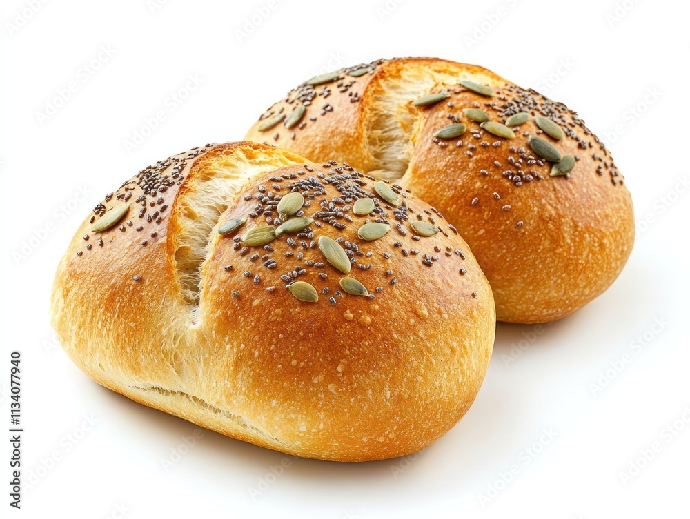 Two freshly baked bread rolls topped with seeds, perfect for meals or snacks. Two freshly baked bread rolls topped with seeds, perfect for meals or snacks.