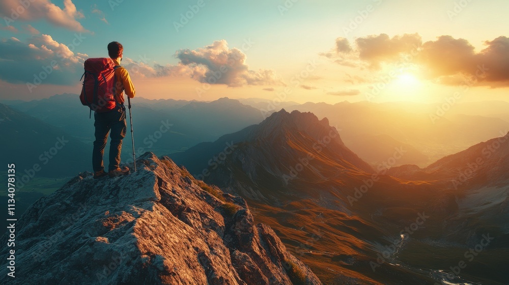 Tourist in mountain peak. Active life concept Tourist in mountain peak. Active life concept