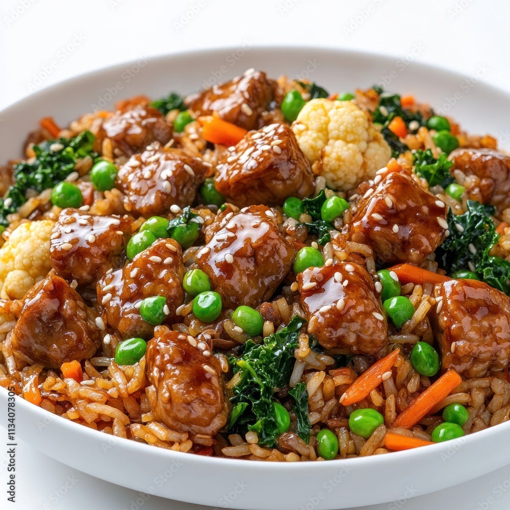 A bowl of rice with vegetables and meat, showcasing a colorful and appetizing meal. A bowl of rice with vegetables and meat, showcasing a colorful and appetizing meal.