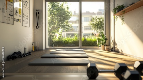 Bright home gym with large windows overlooking a tranquil garden, featuring exercise mats and dumbbells, a minimalist design. photo