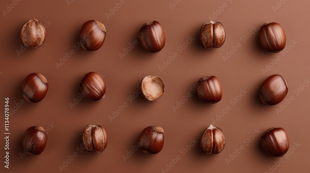 Fototapeta premium Chestnuts arranged in a grid pattern on a brown surface, some shelled, some whole.