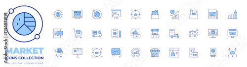 Market icons collection. Line Duotone style, editable stroke. analysis, cart, customer, store, market analysis, stocks, shopping cart, analytics, food truck, report, market