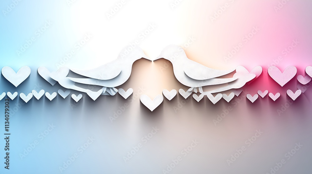 Fototapeta premium Two Paper Birds Nestled Together Among Hearts