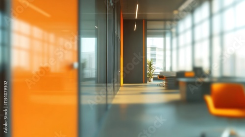 Modern office space with large windows and orange accents, designed for productivity.