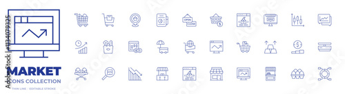 Market icons collection. Thin Line icons, editable stroke. shopping trolley, shopping cart, market, tablet, shopping bag, stock exchange, street market, location pin, signboard