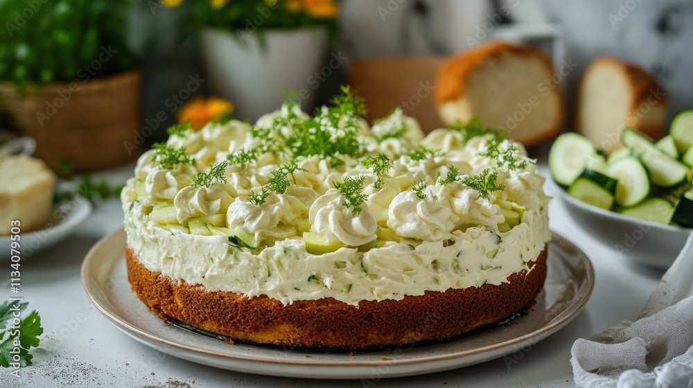 Zucchini and Cream Cheese Cake with Dill Garnish Zucchini and Cream Cheese Cake with Dill Garnish