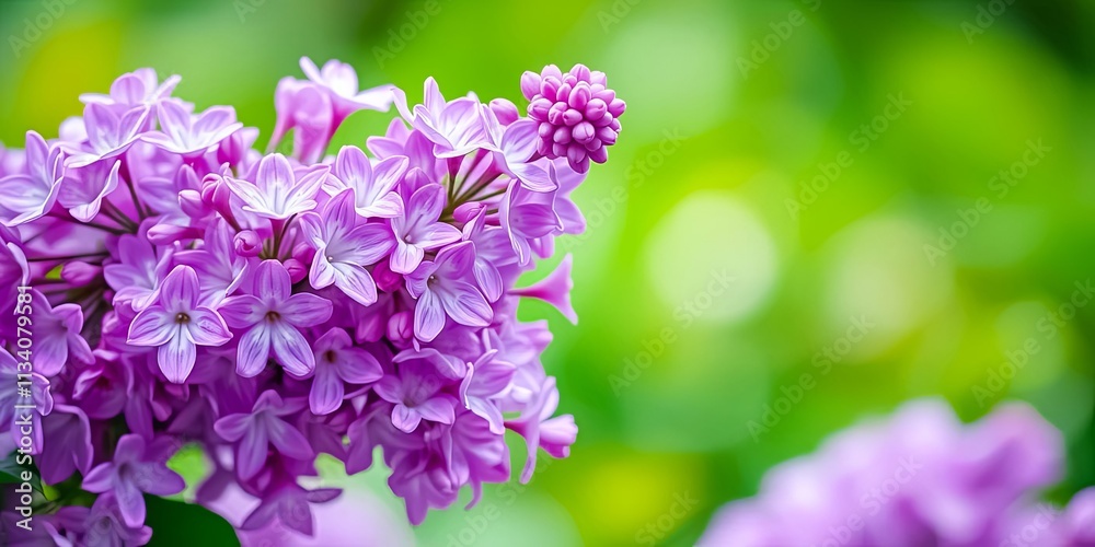 A vibrant cluster of delicate lilac blossoms, showcasing their intricate petals and soft purple hue against a blurred green background A vibrant cluster of delicate lilac blossoms, showcasing their intricate petals and soft purple hue against a blurred green background