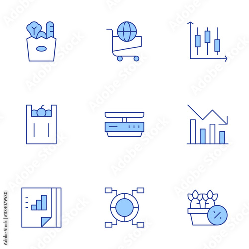 Market icons set. Line Duotone style, editable stroke. shopping cart, trend, carrot, candlestick chart, shopping bag, circular chart, food scale, documents