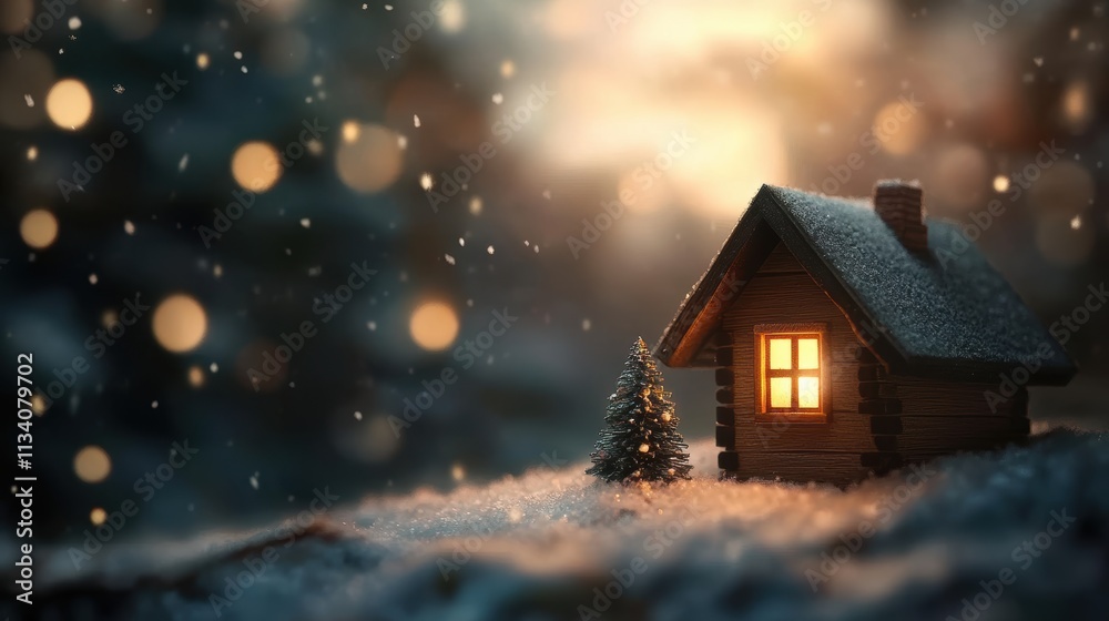 A cozy cabin covered in snow, illuminated from within, surrounded by soft snowfall and blurred bokeh lights, creating a warm atmosphere ideal for holiday themes, winter promotions, or home decor, A cozy cabin covered in snow, illuminated from within, surrounded by soft snowfall and blurred bokeh lights, creating a warm atmosphere ideal for holiday themes, winter promotions, or home decor,