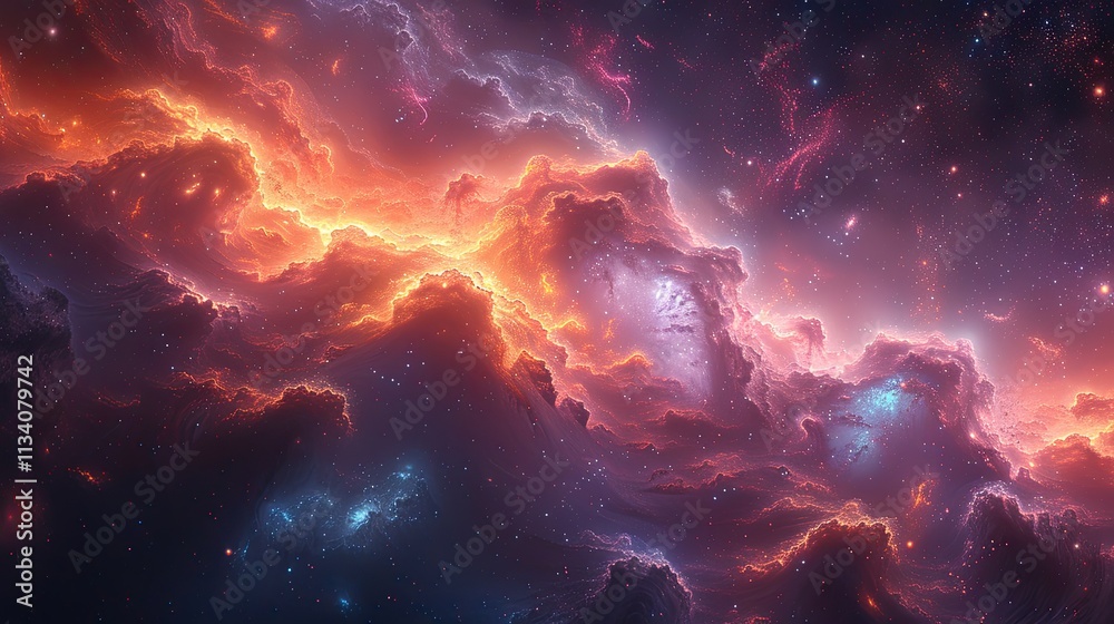 Fototapeta premium Colorful galactic scene featuring bright orange and purple nebula clouds and stars.