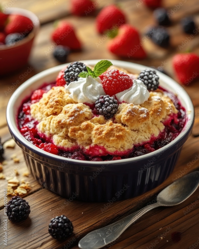 A delicious berry cobbler topped with whipped cream and fresh fruit, served in a bowl. A delicious berry cobbler topped with whipped cream and fresh fruit, served in a bowl.