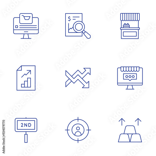 Market icons set. Thin Line style, editable stroke. online shop, profits, second hand, analysis, booth, chart, ecommerce, focus, gold