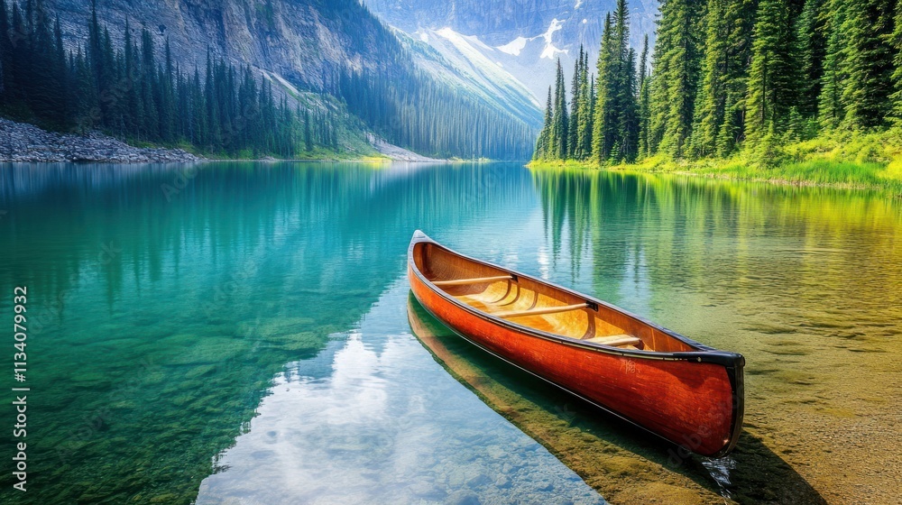 Tranquil serene lake, canoe, majestic mountains, and lush forest. Tranquil serene lake, canoe, majestic mountains, and lush forest.