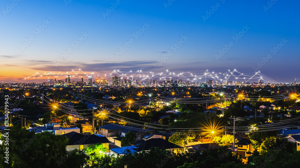 Obraz premium Smart digital Innovation city with connection network reciprocity over the cityscape. of future smart wireless digital city and social media networking systems that connects people with in city