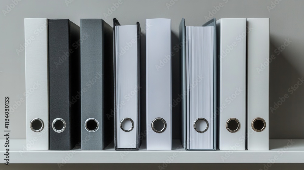 Organized office supplies modern workspace image of binders minimalist design side view productivity concept Organized office supplies modern workspace image of binders minimalist design side view productivity concept