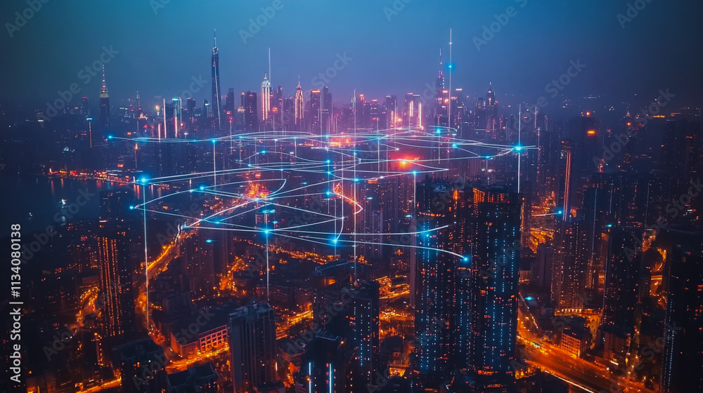 Obraz premium Smart digital Innovation city with connection network reciprocity over the cityscape. of future smart wireless digital city and social media networking systems that connects people with in city
