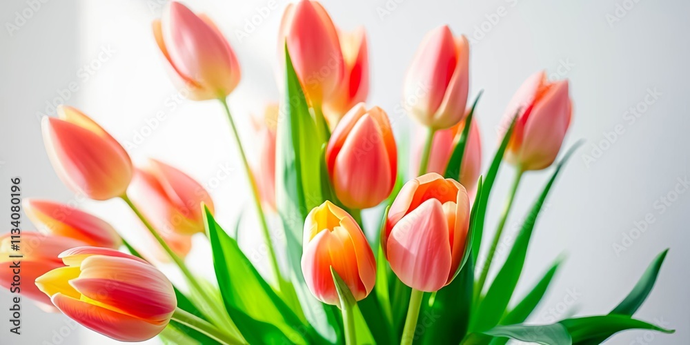A bouquet of delicate peach tulips basking in sunlight, showcasing their vibrant petals and lush green stems A bouquet of delicate peach tulips basking in sunlight, showcasing their vibrant petals and lush green stems