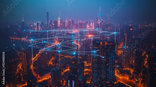 Wallpaper Mural Smart digital Innovation city with connection network reciprocity over the cityscape. of future smart wireless digital city and social media networking systems that connects people with in city Torontodigital.ca