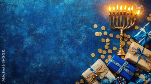 Hanukkah vertical layout featuring a menorah with glowing candles, wrapped gifts in blue and gold, dreidels, and coins scattered on a textured blue background. photo