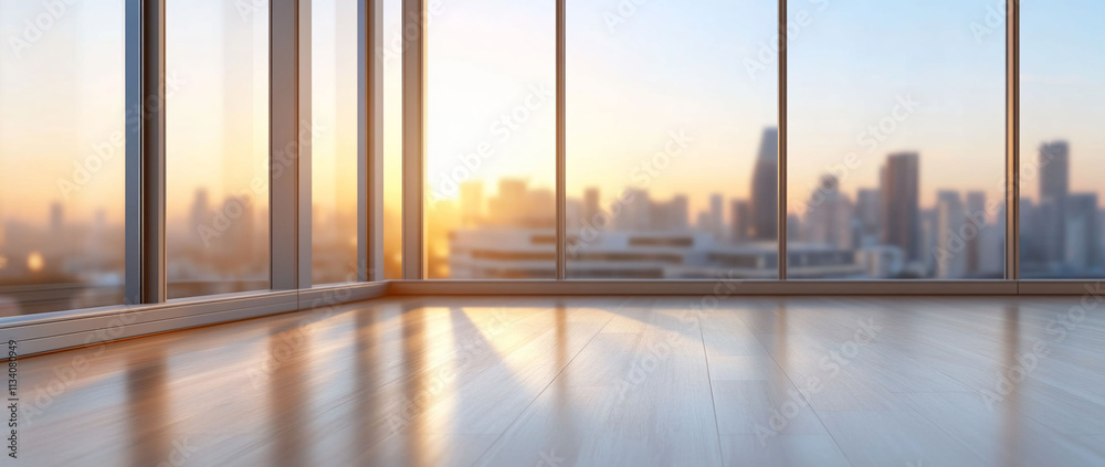 Fototapeta premium Modern interior with large windows showcasing a city skyline.