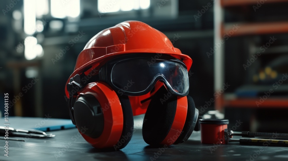 Fototapeta premium Safety gear including a hard hat, goggles, and ear protection on a workbench.