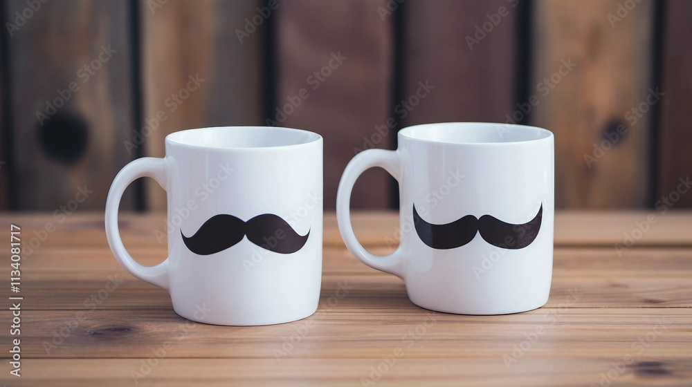 White Coffee Mug with Black Mustache Design on Wooden Table White Coffee Mug with Black Mustache Design on Wooden Table