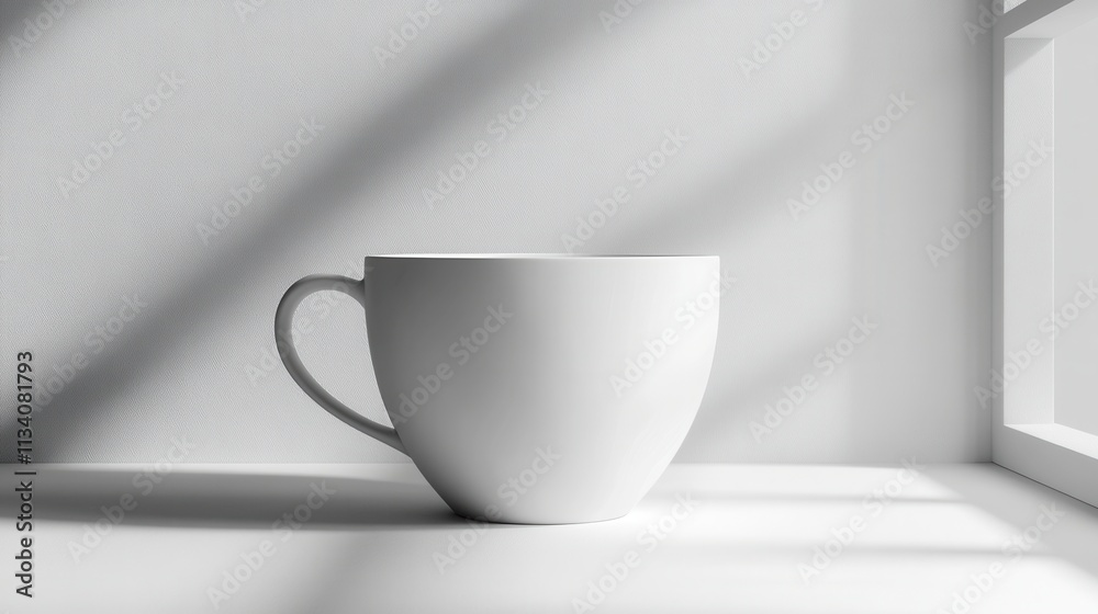 Empty white mug on white surface, sunlight streams in. Perfect for branding, product placement, or minimalist designs. Empty white mug on white surface, sunlight streams in. Perfect for branding, product placement, or minimalist designs.