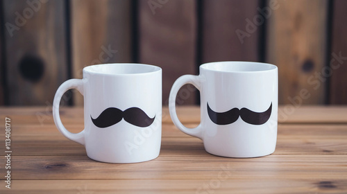 White Coffee Mug with Black Mustache Design on Wooden Table 