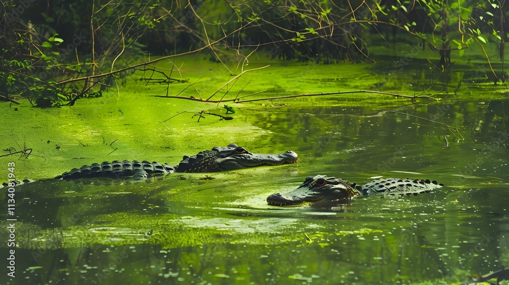 Two alligators submerged in a murky green pond, one with its head above the surface. Two alligators submerged in a murky green pond, one with its head above the surface.