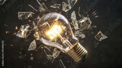 Creative idea light bulb explodes with shards of glass against a dark background Business ideas and new thinking concept Think Different Go beyond what is possible photo